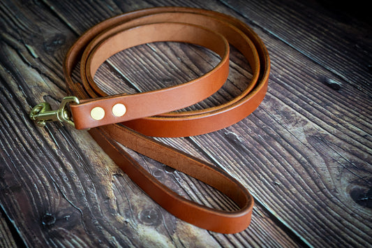 Handcrafted vegetable tanned leather dog leash in chestnut