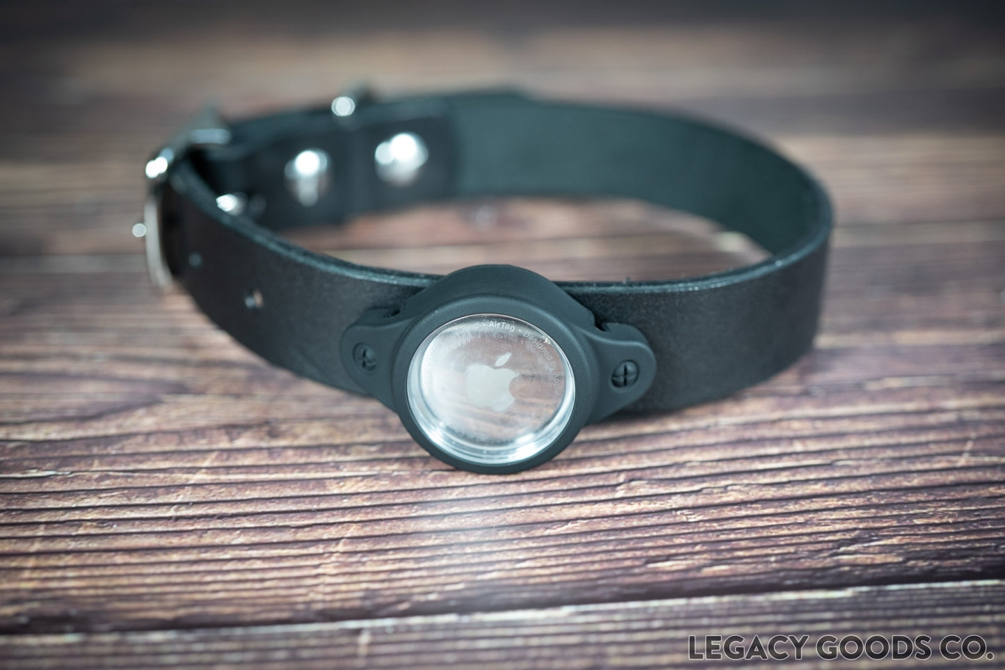 Handmade leather dog collar 1-inch in black with Airtag holder